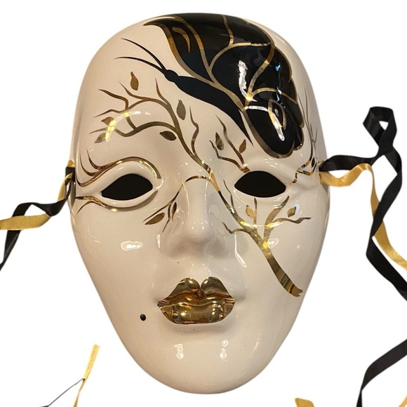 vintage venetian handmade ceramic gold,  black  and and white butterfly mask - Picture 1 of 9